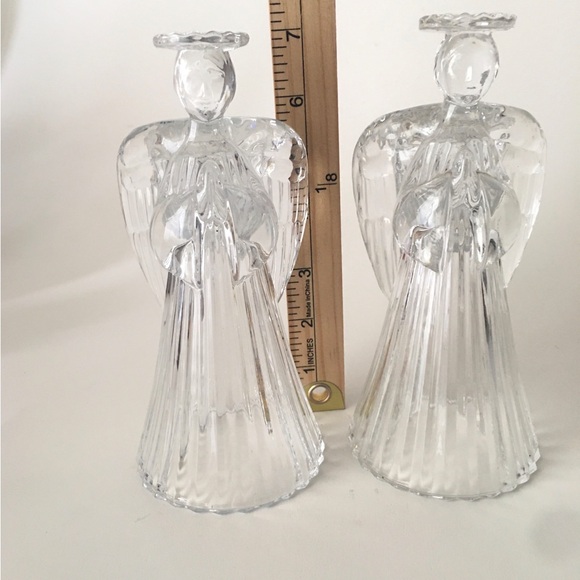 Avon Vintage 24% Lead Crystal Glass Praying Angels Candle Holders Set 7" Holiday - Picture 15 of 16
